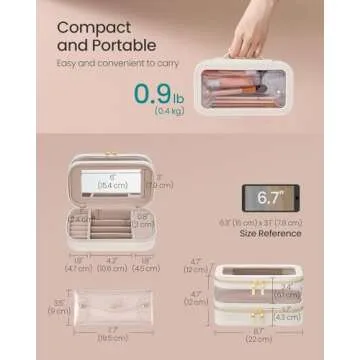 SONGMICS Makeup Bag with Mirror, with Jewelry Storage, Travel Makeup Bag, with Separate Brush Storage Pouch, Transparent Window, 8.7 x 4.7 x 4.7 Inches, Gift Idea, Cloud White UJKA026W01