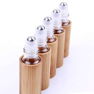 6 Pcs 5ml Bamboo Roll On Bottle For Essential Oils,Clear Glass Inner with Natural Bamboo Wooden Shell,Portable Massage Stainless Steel Roller Ball Glass Vial Aromatherapy travel Perfumes Bottles