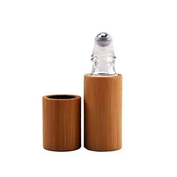 6 Pcs 5ml Bamboo Roll On Bottle For Essential Oils,Clear Glass Inner with Natural Bamboo Wooden Shell,Portable Massage Stainless Steel Roller Ball Glass Vial Aromatherapy travel Perfumes Bottles