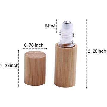 6 Pcs 5ml Bamboo Roll On Bottle For Essential Oils,Clear Glass Inner with Natural Bamboo Wooden Shell,Portable Massage Stainless Steel Roller Ball Glass Vial Aromatherapy travel Perfumes Bottles