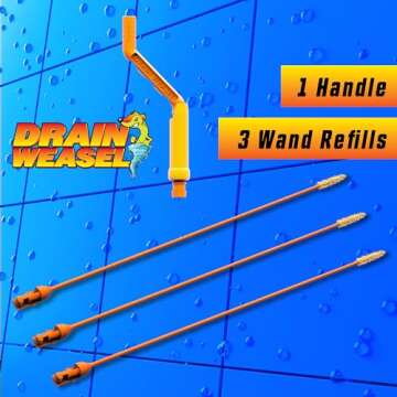 FlexiSnake Drain Weasel Sink Snake Hair Clog Remover Tool Kit, Sink, Pipe, Bathroom, Bathtub Drain Cleaner, 18-inch Long, Flexible, Made in The USA, 3 Pack Wand Refills and Removable Handle