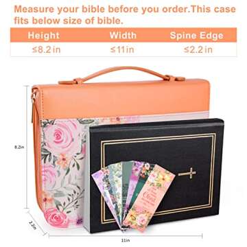 Bible Cover Case for Women with 7 Beautiful Paper Bookmarks Floral PU Leather Bible Cover Bag with Pockets and Zipper for Standard and Large Size Study Bible 10.8"x7.8"x2" (Coral Floral)