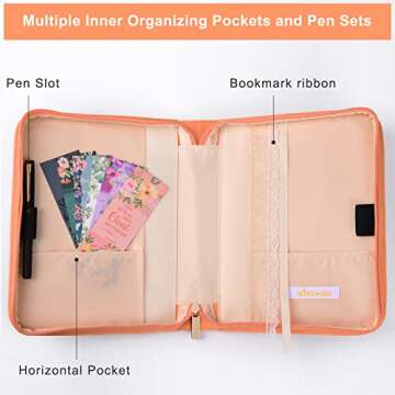 Bible Cover Case for Women with 7 Beautiful Paper Bookmarks Floral PU Leather Bible Cover Bag with Pockets and Zipper for Standard and Large Size Study Bible 10.8"x7.8"x2" (Coral Floral)