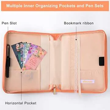 Bible Cover Case for Women with 7 Beautiful Paper Bookmarks Floral PU Leather Bible Cover Bag with Pockets and Zipper for Standard and Large Size Study Bible 10.8"x7.8"x2" (Coral Floral)