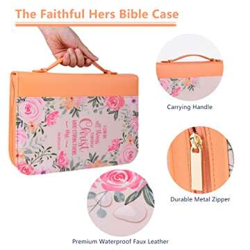 Bible Cover Case for Women with 7 Beautiful Paper Bookmarks Floral PU Leather Bible Cover Bag with Pockets and Zipper for Standard and Large Size Study Bible 10.8"x7.8"x2" (Coral Floral)