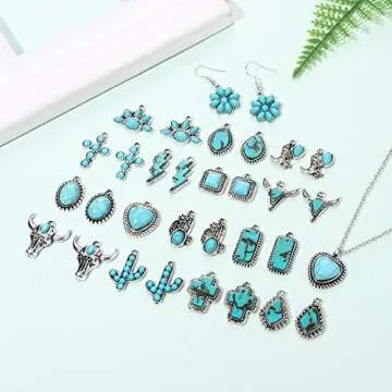 NVENF 32PCS Western Charms for Jewelry Making, Synthetic Turquoise Charms Vintage Cactus Heart Flowe...