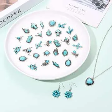 NVENF 32PCS Western Charms for Jewelry Making, Synthetic Turquoise Charms Vintage Cactus Heart Flower Lightning Cowboy Boot Pendant Charms for Bracelet Necklace Earring Making DIY Crafts (32PCS)