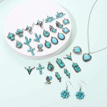 NVENF 32PCS Western Charms for Jewelry Making, Synthetic Turquoise Charms Vintage Cactus Heart Flower Lightning Cowboy Boot Pendant Charms for Bracelet Necklace Earring Making DIY Crafts (32PCS)