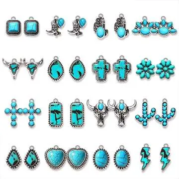 NVENF 32PCS Western Charms for Jewelry Making, Synthetic Turquoise Charms Vintage Cactus Heart Flower Lightning Cowboy Boot Pendant Charms for Bracelet Necklace Earring Making DIY Crafts (32PCS)