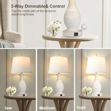 PARTPHONER Table Lamps Set of 2, Bedside Touch Lamp with USB C+A Charging Ports, Side Table Lamp with White Fabric Shade (LED Bulbs Included)