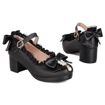 JOEUSTY Women's Lolita Bowknot Mary Jane Pumps Shoes Round Toe Comfortable Low Heels Kawaii Girls Dress Shoe Black 8 M US