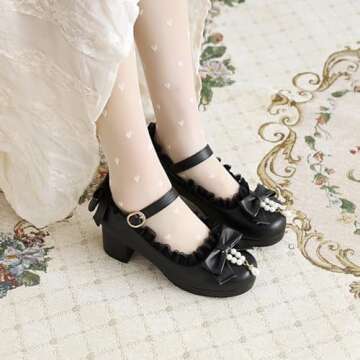 JOEUSTY Women's Lolita Bowknot Mary Jane Pumps Shoes Round Toe Comfortable Low Heels Kawaii Girls Dress Shoe Black 8 M US