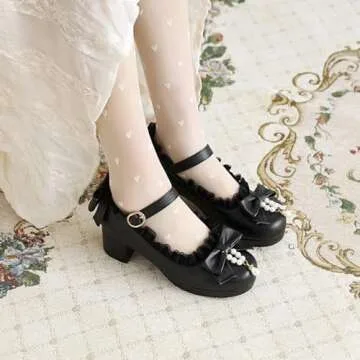 JOEUSTY Women's Lolita Bowknot Mary Jane Pumps Shoes Round Toe Comfortable Low Heels Kawaii Girls Dress Shoe Black 8 M US