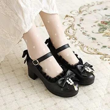 JOEUSTY Women's Lolita Bowknot Mary Jane Pumps Shoes Round Toe Comfortable Low Heels Kawaii Girls Dress Shoe Black 8 M US