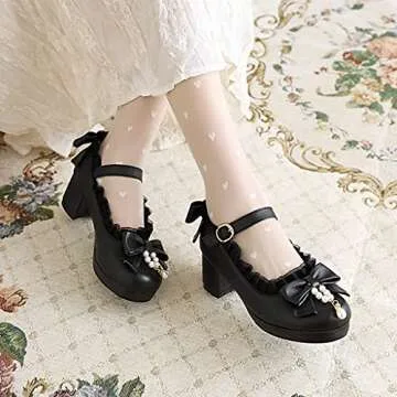 JOEUSTY Women's Lolita Bowknot Mary Jane Pumps Shoes Round Toe Comfortable Low Heels Kawaii Girls Dress Shoe Black 8 M US
