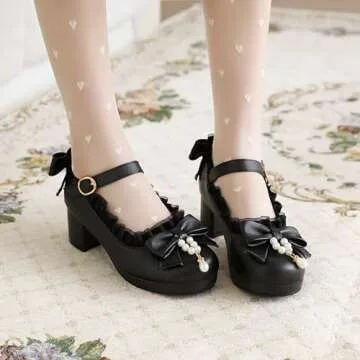 JOEUSTY Women's Lolita Bowknot Mary Jane Pumps Shoes Round Toe Comfortable Low Heels Kawaii Girls Dress Shoe Black 8 M US