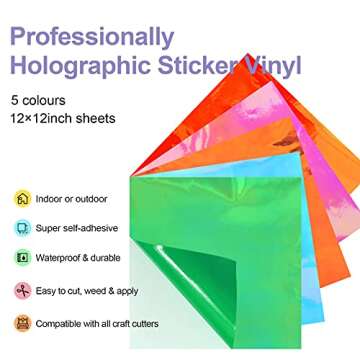MECOLOUR Holographic Vinyl Permanent Adhesive Opal Craft Vinyl 5 Sheets Bundle, 12" X 12", for Cricu...