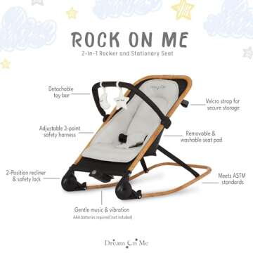 Dream on Me Rock With Me 2-in-1 Baby Rocker and Stationary Seat, Baby Rocker Seat for Infant with Removable Toy Bar, Baby Rocker Chair with Soothing Music & Vibration, 0-6 Months, Upto 20 Lbs