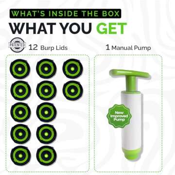 Burp Lids 12 Pack Curing Kit - Fits All Wide Mouth Mason Jar Containers - A Home Harvesting Essential. 12 lids + extraction pump. Vacuum sealed for successful cure.