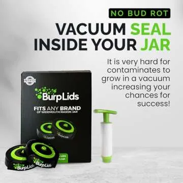 Burp Lids 12 Pack Curing Kit - Fits All Wide Mouth Mason Jar Containers - A Home Harvesting Essential. 12 lids + extraction pump. Vacuum sealed for successful cure.
