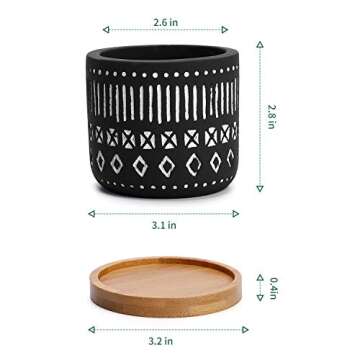 POTEY Cement Succulent Planter Pots - 2.6" Indoor Planter Pot with Bamboo Tray, Drain Hole - Handcraft Geometry Cylinder Deco Indoor-Set of 3, Brown, Black, Grey