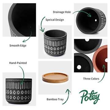 POTEY Cement Succulent Planter Pots - 2.6" Indoor Planter Pot with Bamboo Tray, Drain Hole - Handcraft Geometry Cylinder Deco Indoor-Set of 3, Brown, Black, Grey