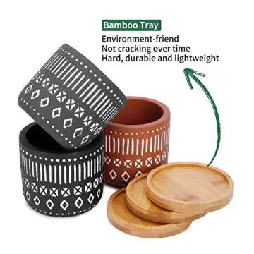 POTEY Cement Succulent Planter Pots with Bamboo Trays - Set of 3