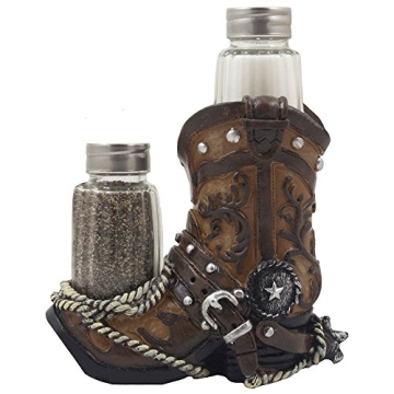 Fancy Cowboy Boot Salt and Pepper Shaker Set: Decorative Display Stand Figurine with Spur & Texas St...