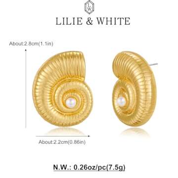 LILIE&WHITE Shell Earrings For Women With White Pearl Conch Studs Earrings Gold Shell Earrings Statement Earrings Gold Ocean Beach Earrings Chic Jewelry Present