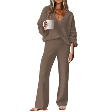 ETCYY NEW Womens 2 Piece Outfits Sweater Lounge Set Casual V Neck Knit Pajama Set Long Sleeve Top Wi...