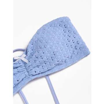 ZAFUL Women's Strapless Bikini Top Openwork Textured Bow Ruched Lace Up Bandeau Tops Swimsuit Bathing Suit Tube Top(Light Blue, S)
