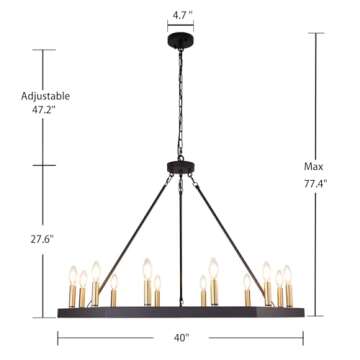 Wellmet 12 Light Large Chandeliers for High Ceilings, Modern Farmhouse Wagon Wheels Chandeliers 40" Diameter, Black and Gold Light Fixture for Foyer, Dining Room, Living Room, Hexagon Shape