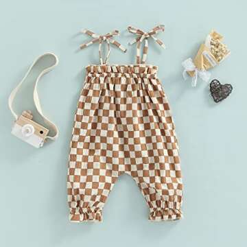 Newborn Baby Girls Checkerboard Plaid Jumpsuit One Piece Sleeveless Strap Romper Jumpsuit Harem Pant...