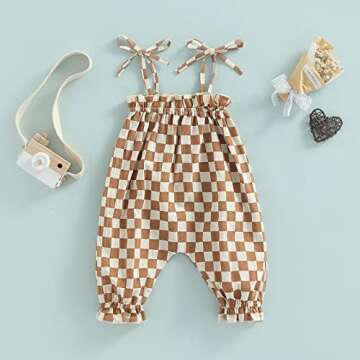 Newborn Baby Girls Checkerboard Plaid Jumpsuit One Piece Sleeveless Strap Romper Jumpsuit Harem Pant Summer Outfits (Brown, 6-12 Months)