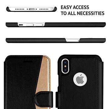 LUPA iPhone X Wallet Case-Slim & Lightweight iPhone X Flip Case with Credit Card Holder- iPhone 10 Wallet Case For Women & Men- Faux Leather iphone Xs Purse Cases with Magnetic Closure- Black and Gold
