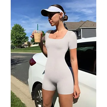 OQQ Women's Yoga Workout Ribbed Short Sleeve Romper