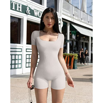OQQ Women's Yoga Workout Ribbed Short Sleeve Romper