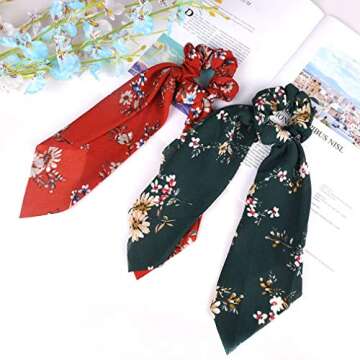 4Pcs Hair Scrunchies Chiffon Scarf Hair Ties Elastic Hair Bands Ponytail Holder Flower Printed Hair Bobbles Vintage Accessories for Women Girls