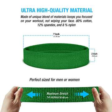 Suddora Workout Headband for Men and Women, Moisture-Wicking Athletic Sweatband, Lightweight Cotton Terry Cloth Bands for Basketball, Tennis, Football, Gym, Running, Cosplay & Costumes (Green)