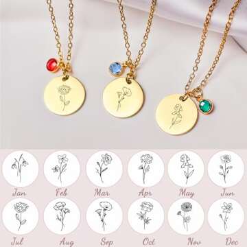 Birth Flower Necklaces for Women, 18K Gold Plated Dainty Birthstone Pendant Necklaces Trendy Handmad...