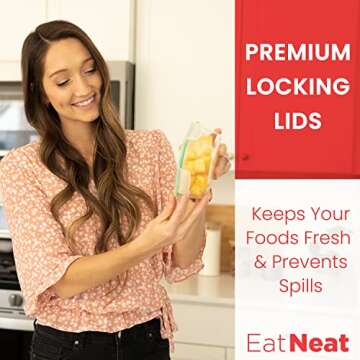 EatNeat Set of 5 Glass Food Storage Containers with Airtight Snap Locking Lids - Oven, Microwave & Dishwasher Safe - Freshness Sealed Stackable Meal Prep for Home, Office, Travel & Outdoor - BPA-Free