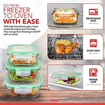 EatNeat Set of 5 Glass Food Storage Containers with Airtight Snap Locking Lids - Oven, Microwave & Dishwasher Safe - Freshness Sealed Stackable Meal Prep for Home, Office, Travel & Outdoor - BPA-Free