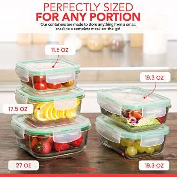 EatNeat Set of 5 Glass Food Storage Containers with Airtight Snap Locking Lids - Oven, Microwave & Dishwasher Safe - Freshness Sealed Stackable Meal Prep for Home, Office, Travel & Outdoor - BPA-Free