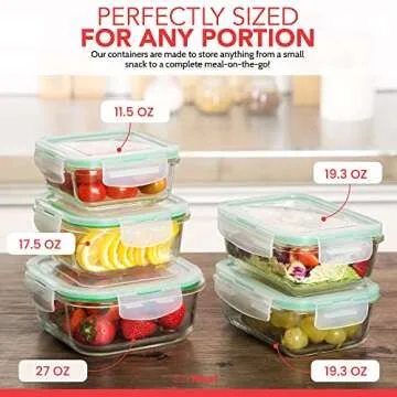 EatNeat Set of 5 Glass Food Storage Containers with Airtight Snap Locking Lids - Oven, Microwave & Dishwasher Safe - Freshness Sealed Stackable Meal Prep for Home, Office, Travel & Outdoor - BPA-Free