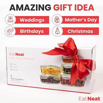 EatNeat Set of 5 Glass Food Storage Containers with Airtight Snap Locking Lids - Oven, Microwave & Dishwasher Safe - Freshness Sealed Stackable Meal Prep for Home, Office, Travel & Outdoor - BPA-Free