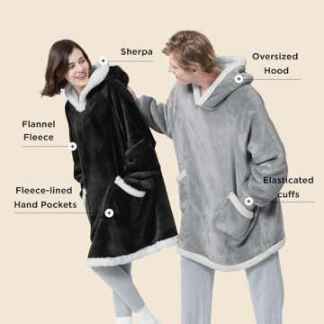 Bedsure Blanket Hoodie, Wearable Blanket for Adult & Kids as Gifts for Women Men, Birthday Gifts for Women Mom Sherpa Hoodie, Grey, Standard