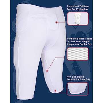 Exxact Sports Gladiator Mens Integrated Football Pants with Built-in Pads, Lightweight Ultra Flex Football Practice Pants (White, AL)