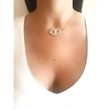 LESLIE BOULES Gold Evil Eye Necklace 18K Gold Plated Sliding Adjustable Chain Choker Jewelry