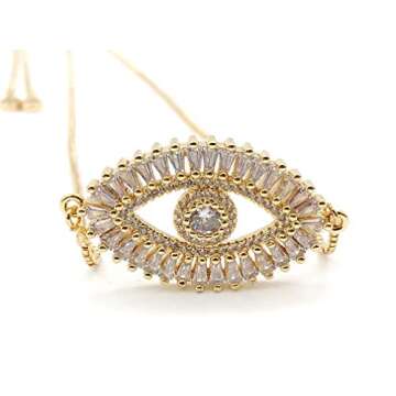 LESLIE BOULES Gold Evil Eye Necklace 18K Gold Plated Sliding Adjustable Chain Choker Jewelry