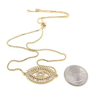 LESLIE BOULES Gold Evil Eye Necklace 18K Gold Plated Sliding Adjustable Chain Choker Jewelry